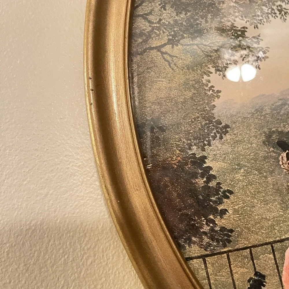 Antique Vtg Wood Gold Convex Curved Bubble Glass Picture Frame Art Nouveau 18x15